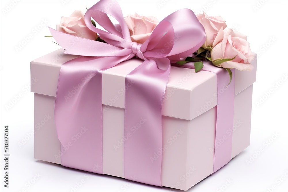 Fototapeta premium Elegant gift box with red ribbon bow on clean white background for special occasions and holidays