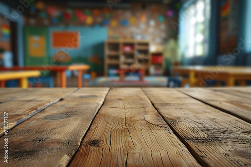Empty Wooden Tabletop with Blurry Daycare Room Interior Background photo