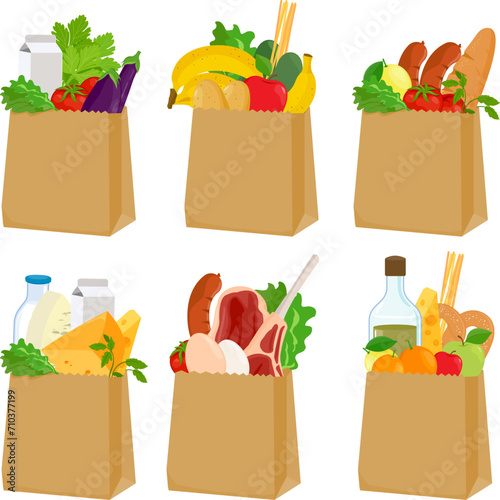 Paper bags set with groceries. Food in shopping bags. Supermarket food products. Vector illustration