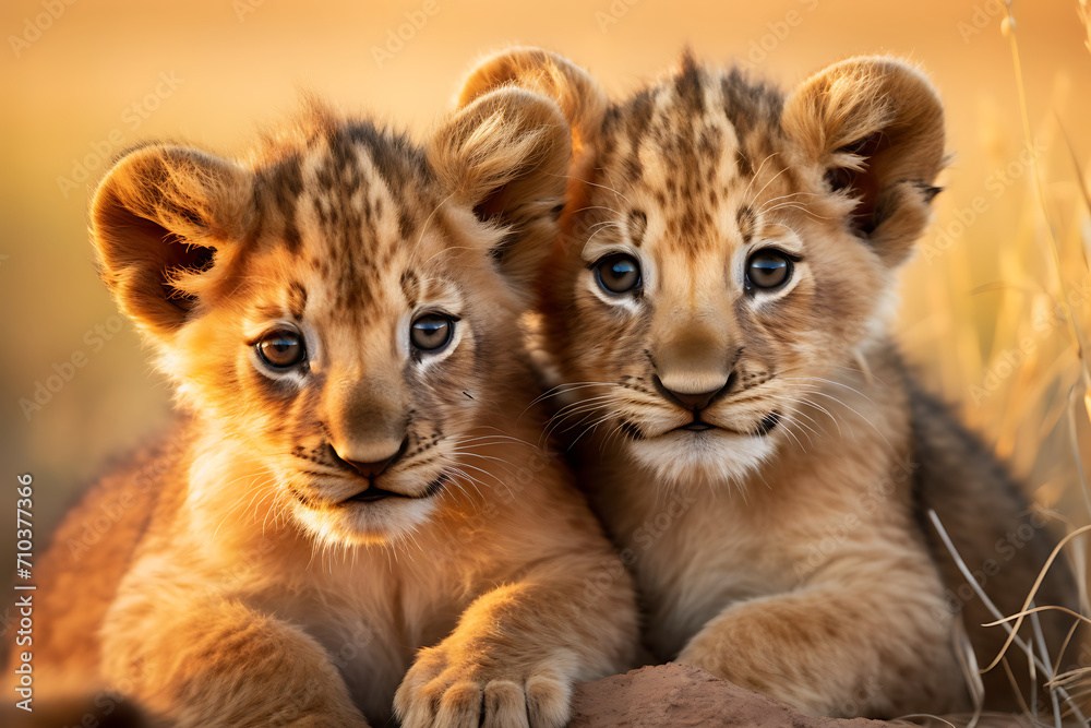 Fototapeta premium Zwei junge Löwen bei Sonnenuntergang 