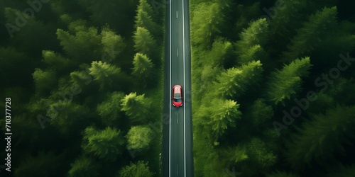 An aerial view of a green forest and a red car on it