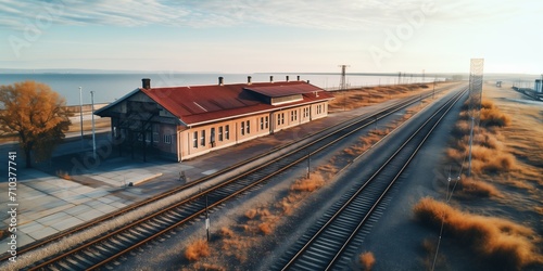 An aerial view of a railroad depot