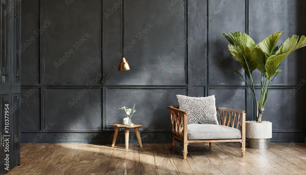 Modern dark home interior background, wall mock up, 3d render Modern dark home interior background, wall mock up, 3d render