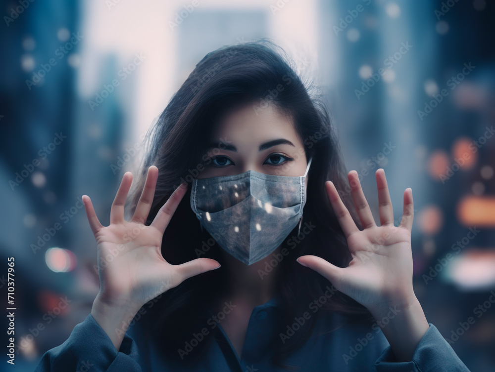 Woman Wearing N95 Mask for Outdoor Safety due to Fine Dust, Global Issues of Air Pollution and