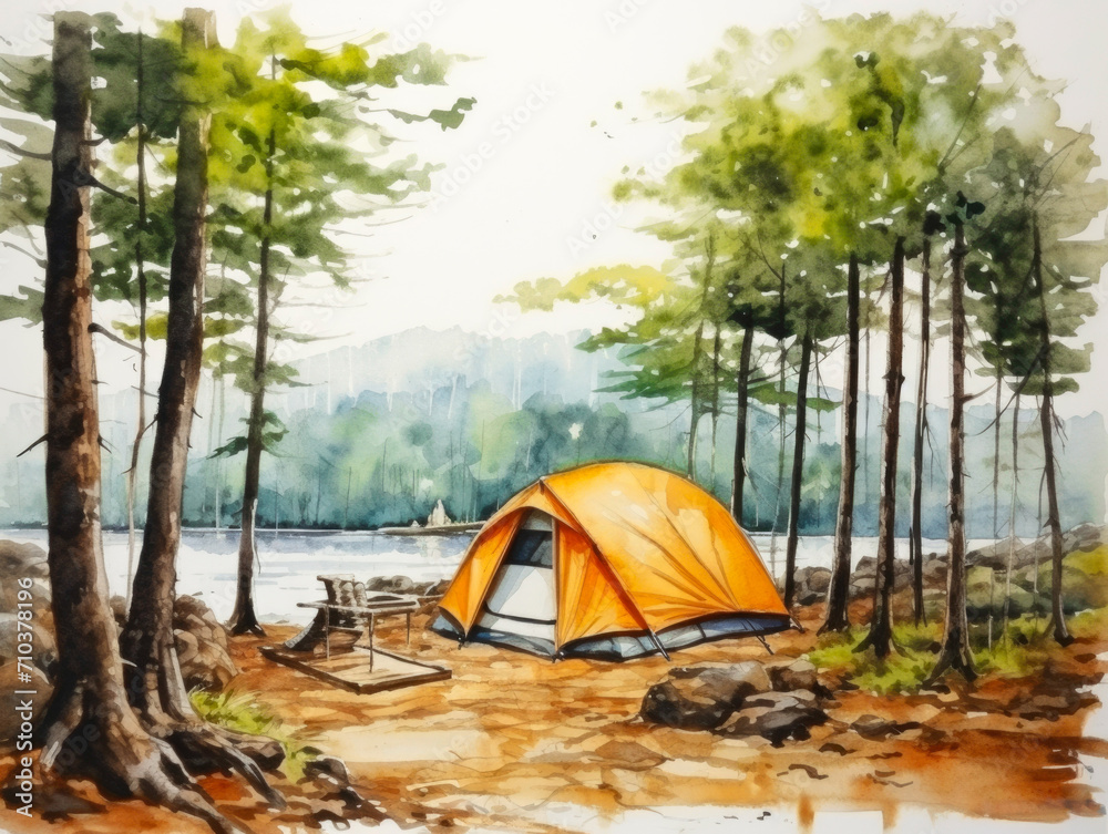 Watercolor of landscape view with tent in the forest.