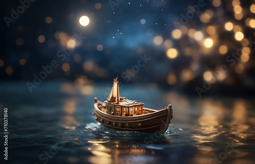 A minuscule boat sails serenely on the river, surrounded by a bokeh background that enhances the charm of this small-scale maritime scene.