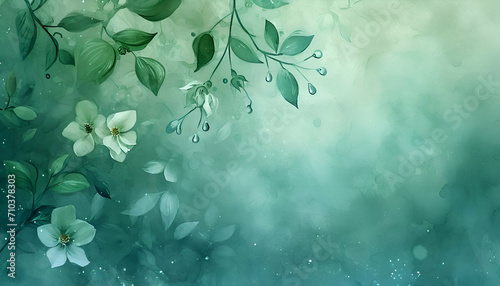 Watercolor background with green leaves and raindrops. Spring watercolor illustration wallpaper.