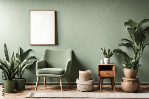 modern living room with mock up frame and plants