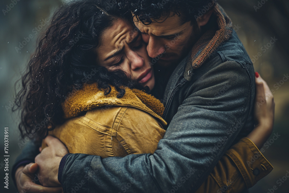 Fototapeta premium a couple hugging with sad expression bokeh style background