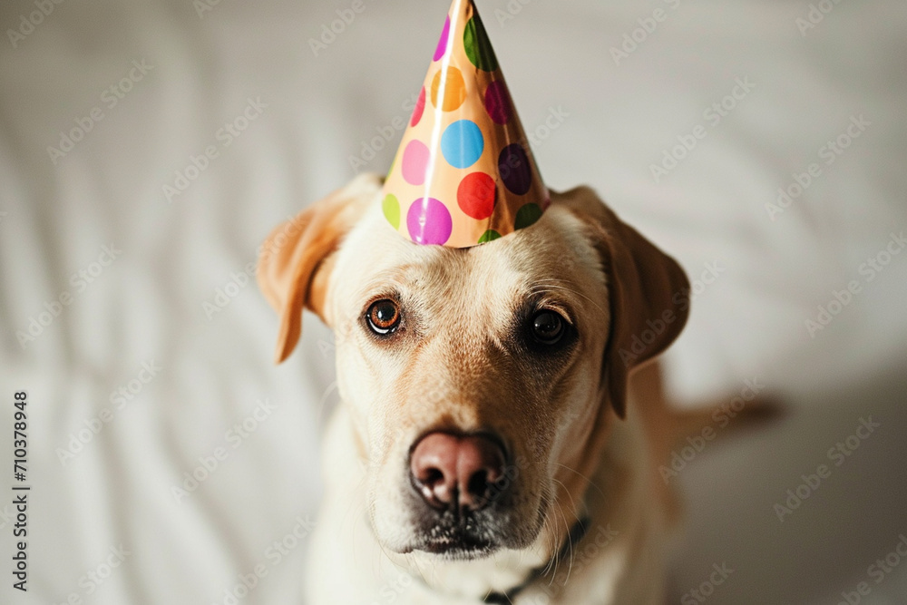 a dog wearing a birthday hat