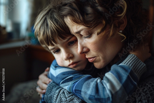 mother embracing her son with sad expression