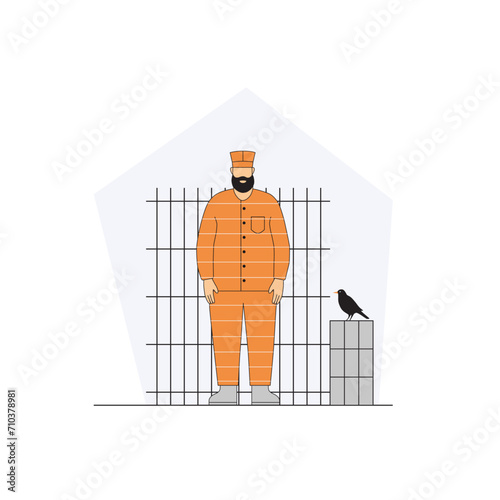 Prisoner in orange robe in prison behind bars, vector illustration.