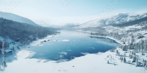 View from flying drone to unfrozen lake