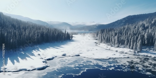 View from flying drone to unfrozen lake