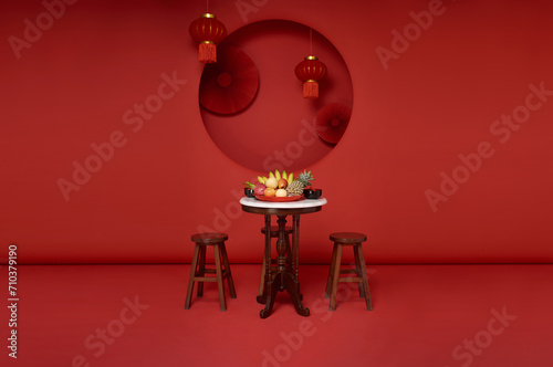 Chinese new year 2024 festival table on red decoration background. Traditional lunar new year food.