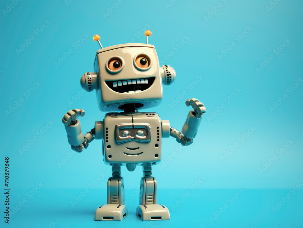 Fototapeta premium Smiling robot on blue background