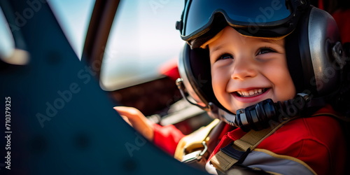 Child with a bright smile behind a pilot, perhaps sitting in a cockpit or holding a model airplane. Generative AI © Лилия Захарчук