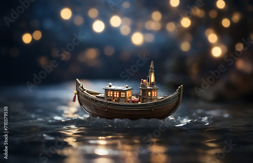 With a bokeh-filled background, a diminutive boat cruises along the river, casting a spell of enchantment on the miniature waterway. photo