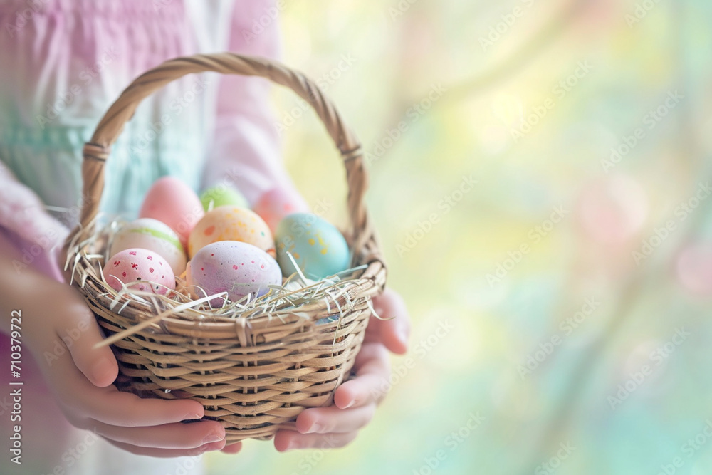 Naklejka premium young girl hand holding colorful pastel easter eggs basket