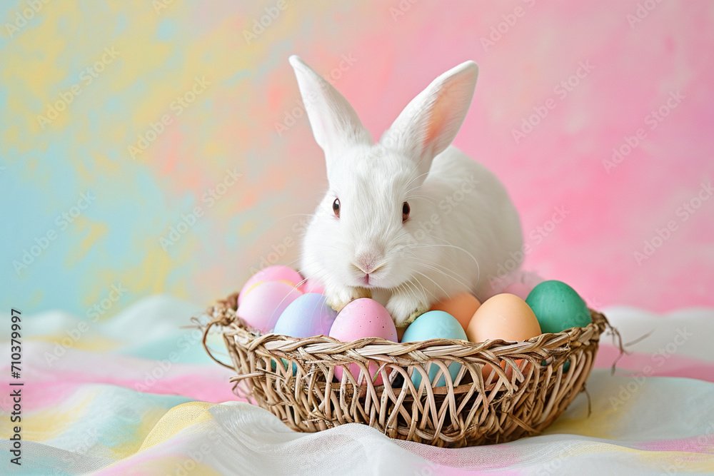 a cute bunny with colorful pastel easter eggs basket a cute bunny with colorful pastel easter eggs basket