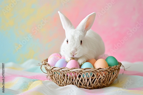 a cute bunny with colorful pastel easter eggs basket