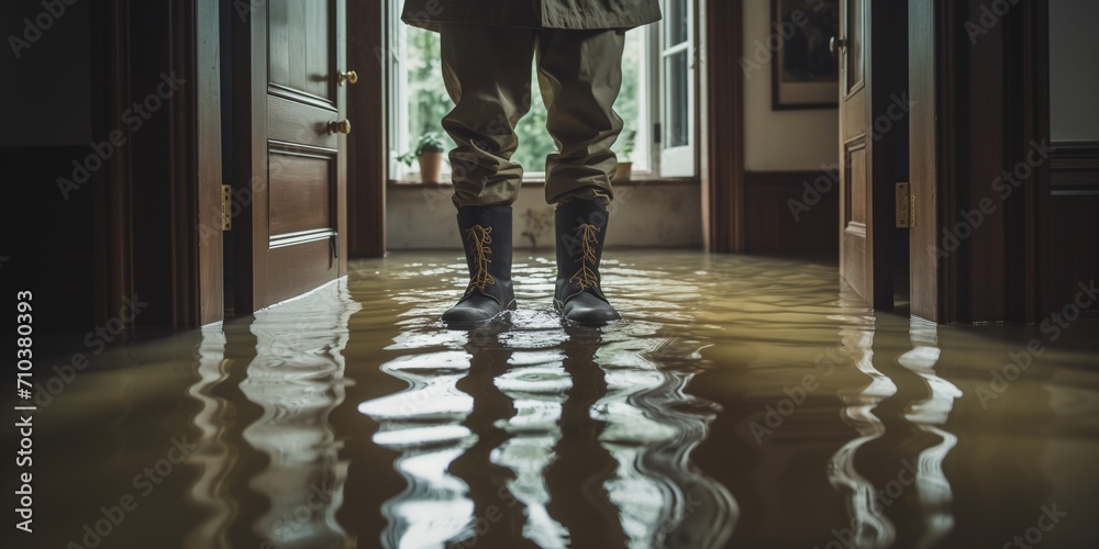 A Man In Rubber boots Stands In a Flooded House