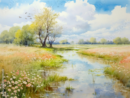 Watercolor painting of beautiful landscape view with lake.