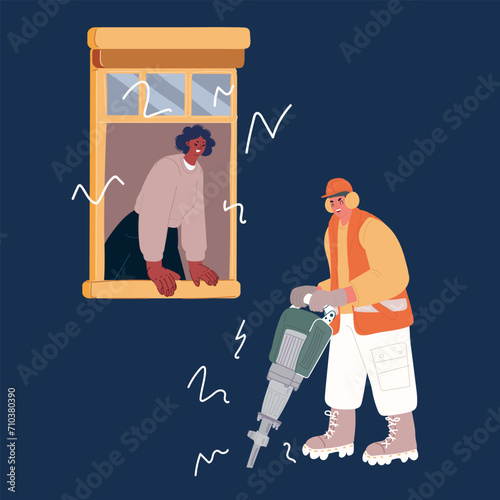 Cartoon vector illustration of Man hammering loud on road disturbing neighbor