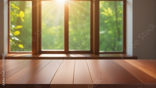Wood table top with window and morning sunlight in background