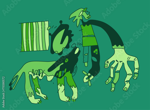Creative illustration of human and dog friendships.
Linear style with flat fills. Abstract depiction of dog and character. Simplistic and modern design. Humanist idea with drawing of wolf and man.