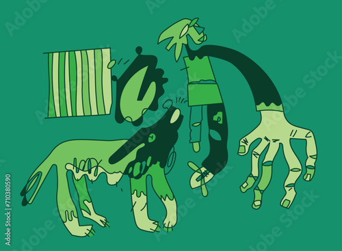 Creative illustration of human and dog friendships.
Linear style with flat fills. Abstract depiction of dog and character. Simplistic and modern design. Humanist idea with drawing of wolf and man.