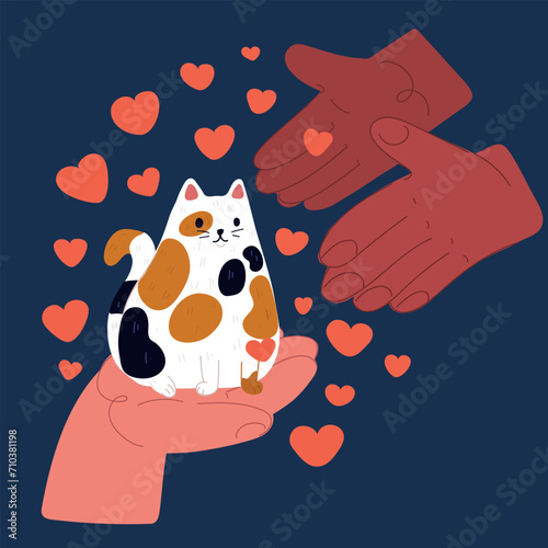 Cartoon vector illustration of Close up cute young tabby cat's face who sleeping on owner's hand.