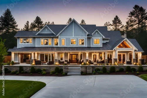 Modern great house on the hill in summer with light glowing.