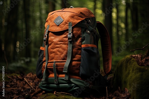 A travel camping backpack or a military hunting bag is resting on the forest floor next to a tree. photo