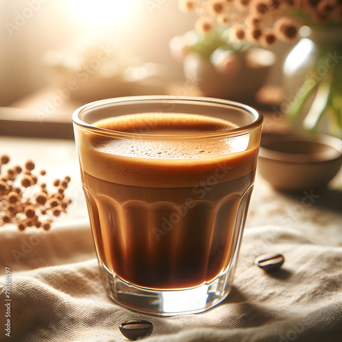 Hot espresso in a glass, set against a background of soft, natural light