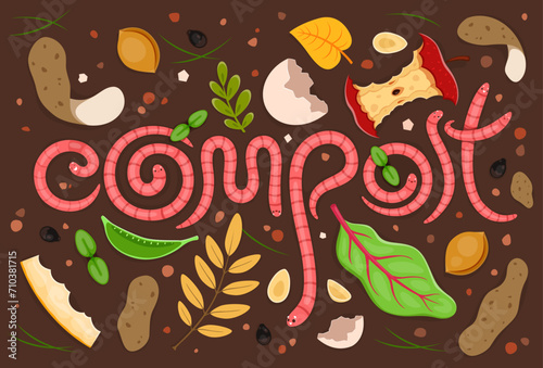 Cartoon typography word. Funny cartoon earth worms in waste soil ground, vector organic farming, environment, agriculture. Earthworms characters in compost with rotten food, fruit and vegetable wastes