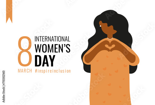Bright vector illustration: happy woman in InspireInclusion movement style, embodying joy and unity in honor of International Women's Day