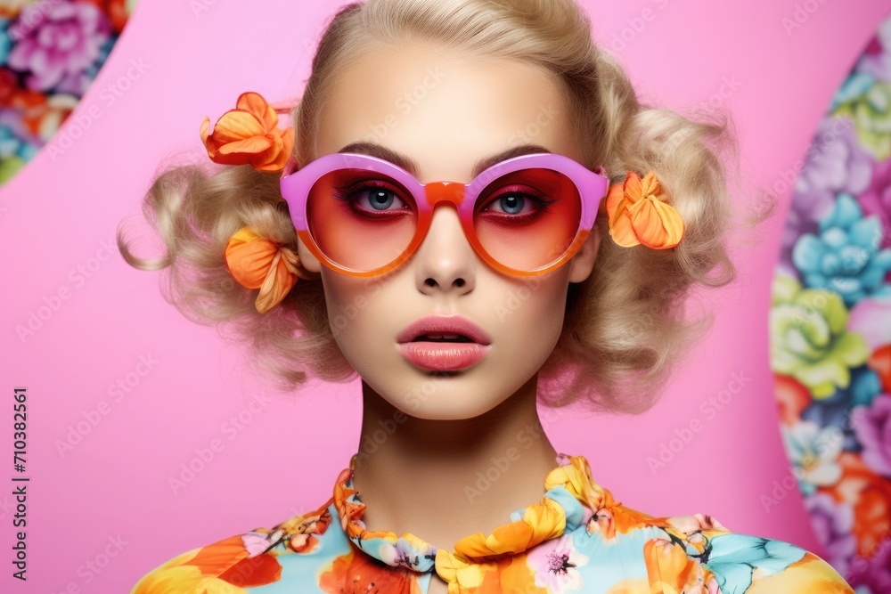 Fashionable blonde woman with hairstyle with flowers wearing glasses with colorful frames