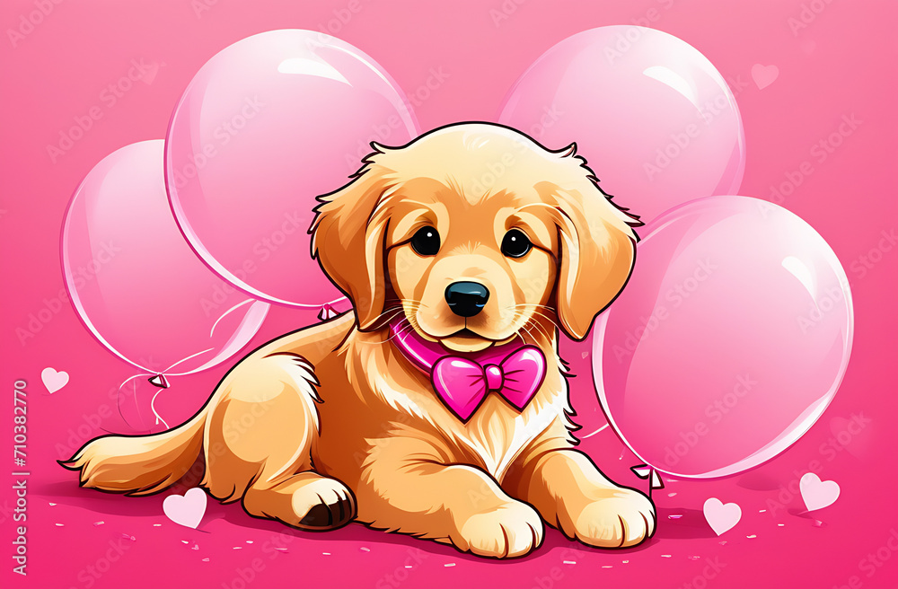 Banner for Valentine's Day, Birthday, puppy on a pink background with balloons, illustration in cartoon style