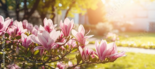 Vibrant blooming magnolia flowers on a sunny spring day, awakening the beauty of nature