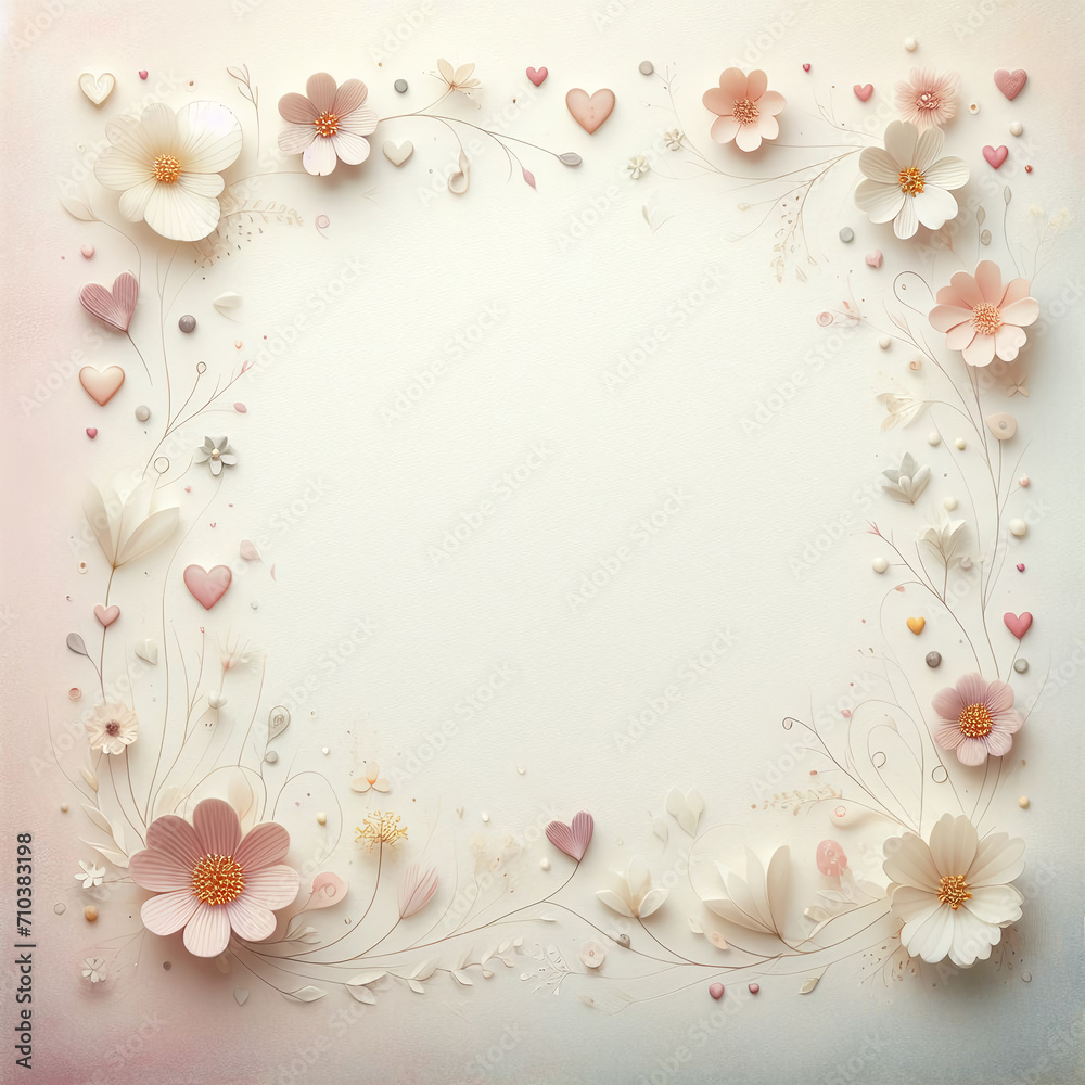 Photo top view with flowers and hearts on a pink background, Al Generation - obrazy, fototapety, plakaty 