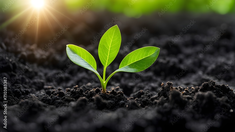 Young green sprout emerges from rich black soil, bathed in sunshine—a vibrant macro glimpse of nature's renewal. Young green sprout emerges from rich black soil, bathed in sunshine—a vibrant macro glimpse of nature's renewal.