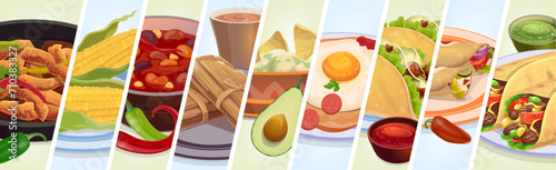 Tex Mex Mexican cuisine food collage of meals and dishes, vector background. Mexico cuisine collage of burrito, taco and quesadilla with tamale, guacamole avocado salsa and fajita with corn and chili