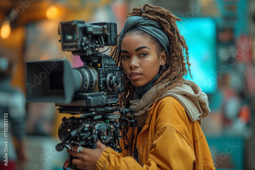 Young woman cameraman with camera while working