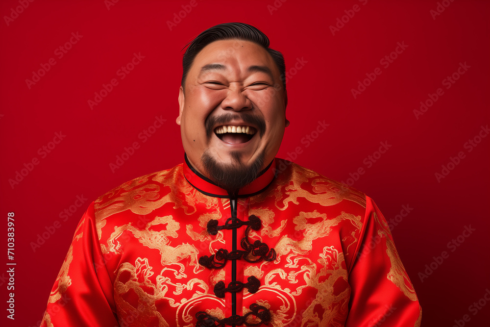 chinese middle age man wearing red traditional clothes