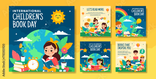 Children Book Day Social Media Post Flat Cartoon Hand Drawn Templates Background Illustration