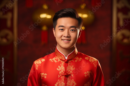 handsome chinese man wearing red traditional clothes