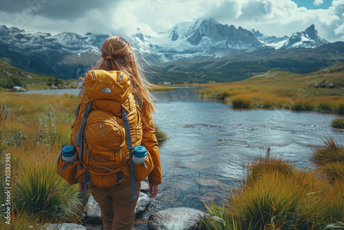 Woman travel with packpack alone in mountains and forest