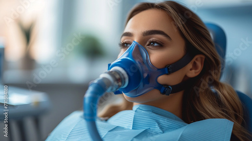 female patient on respiratory ventilator in intensive care unit photo
