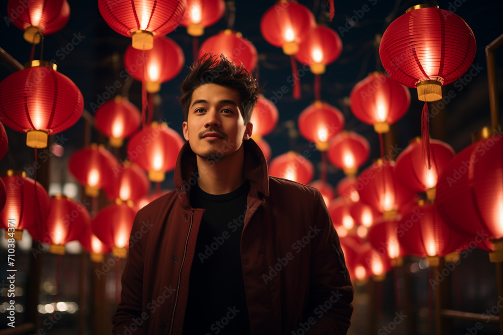 Obraz premium handsome chinese man celebrate at chinese lantern festival